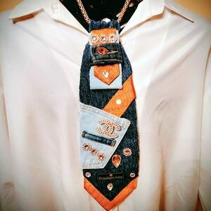 Embroidered Denim and Orange Necktie